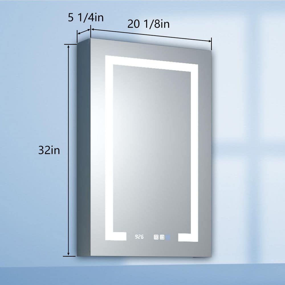 ExBrite 20 in. W x 32 in. H Rectangular Silver Aluminum Recessed/Surface Mount Right Dimmable Medicine Cabinet with Mirror