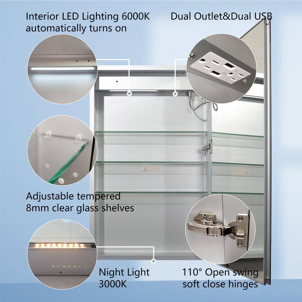 ExBrite 20 in. W x 32 in. H Rectangular Silver Aluminum Recessed/Surface Mount Right Dimmable Medicine Cabinet with Mirror