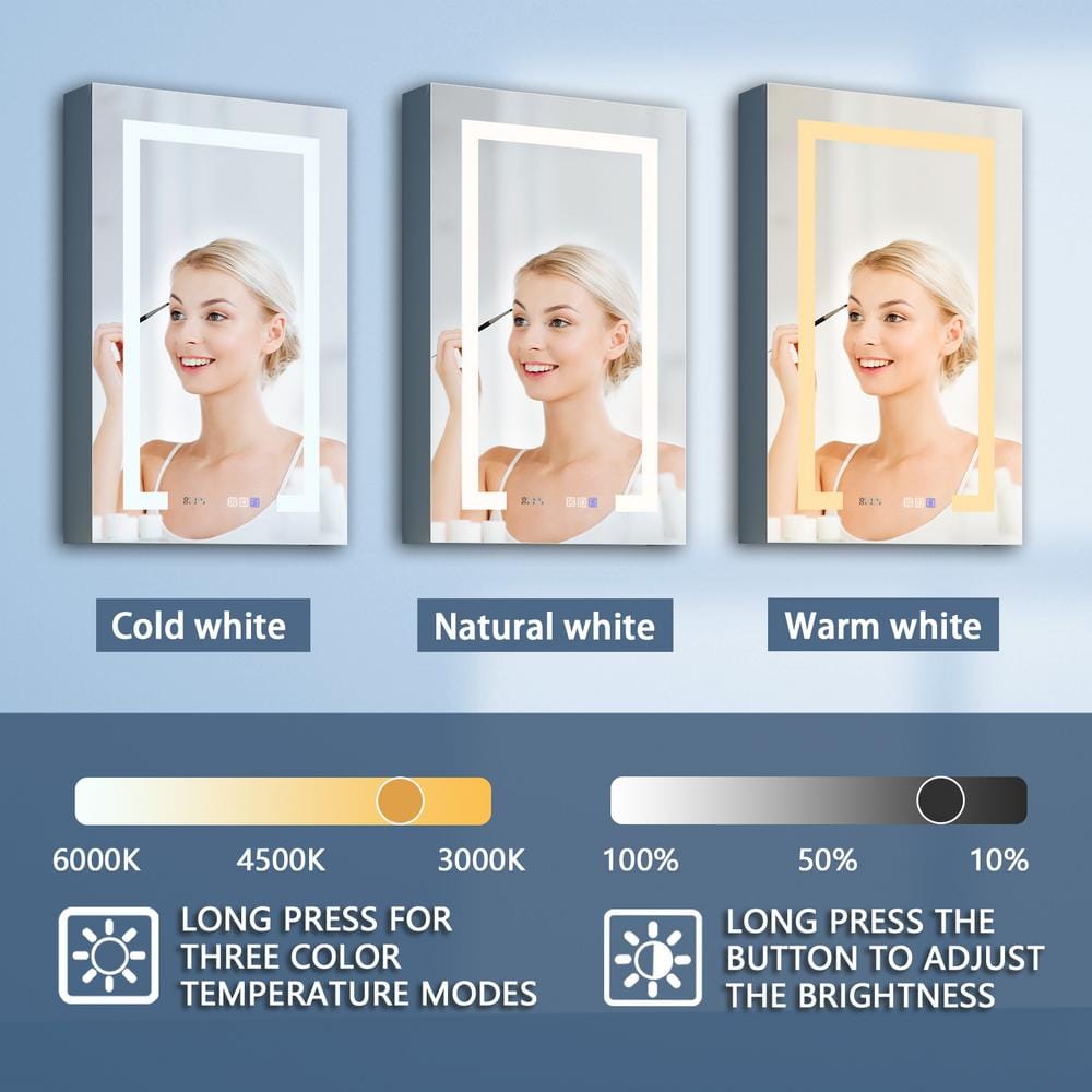 ExBrite 20 in. W x 32 in. H Rectangular Silver Aluminum Recessed/Surface Mount Right Dimmable Medicine Cabinet with Mirror
