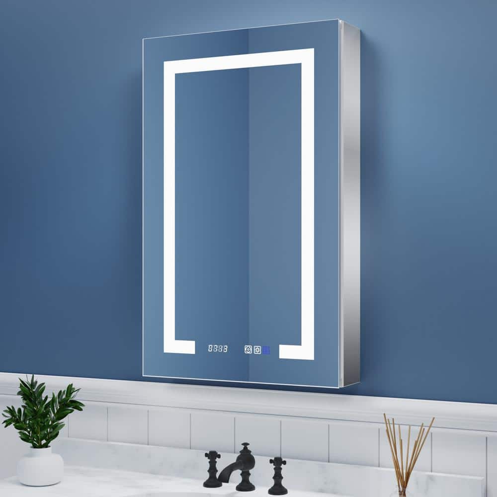 ExBrite 20 in. W x 32 in. H Rectangular Silver Aluminum Recessed/Surface Mount Right Dimmable Medicine Cabinet with Mirror