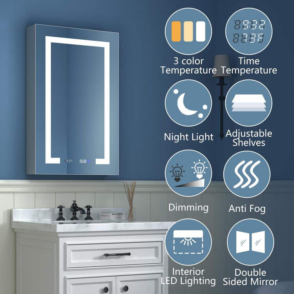 ExBrite 20 in. W x 32 in. H Rectangular Silver Aluminum Recessed/Surface Mount Right Dimmable Medicine Cabinet with Mirror