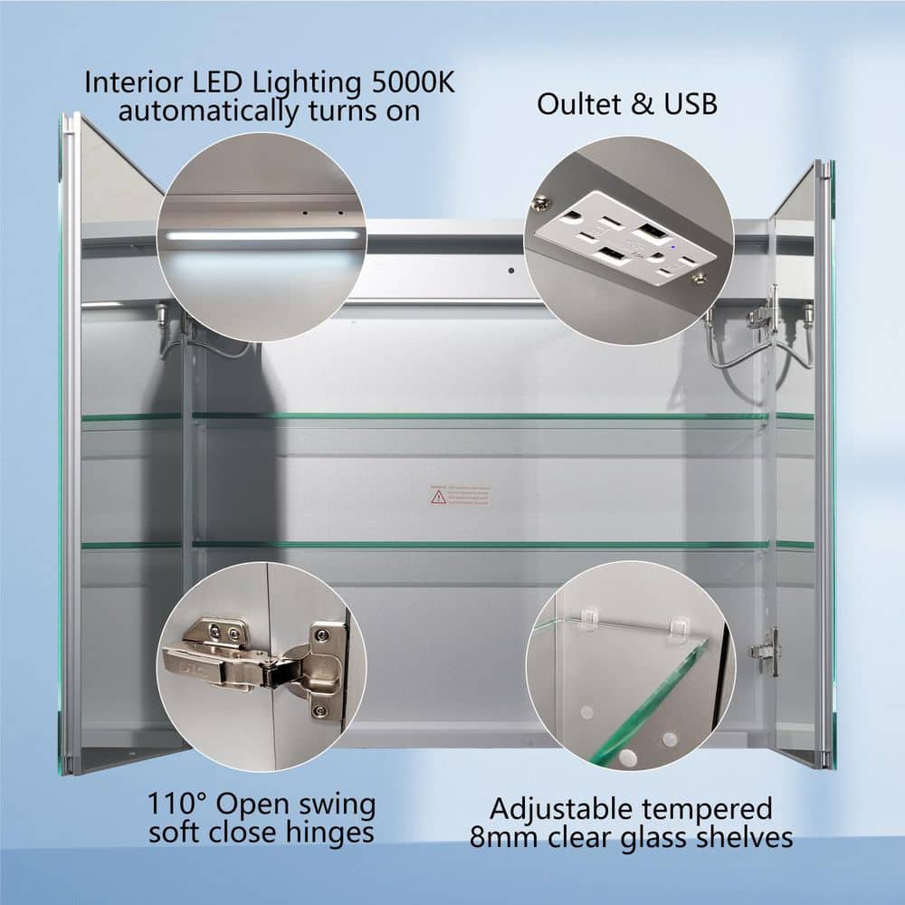 ExBrite 30 in. W x 26 in. H Medium Rectangular Silver Aluminum Recessed/Surface Mount Medicine Cabinet with Mirror and LED