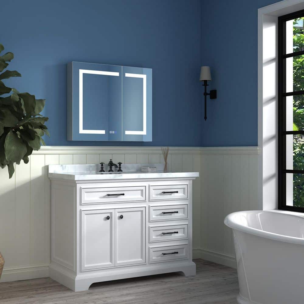 ExBrite 30 in. W x 26 in. H Medium Rectangular Silver Aluminum Recessed/Surface Mount Medicine Cabinet with Mirror and LED