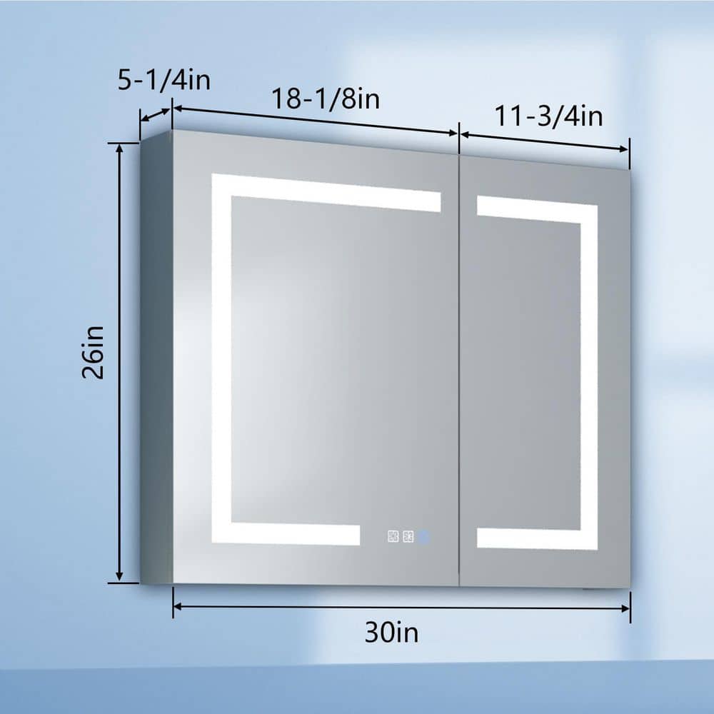 ExBrite 30 in. W x 26 in. H Medium Rectangular Silver Aluminum Recessed/Surface Mount Medicine Cabinet with Mirror and LED
