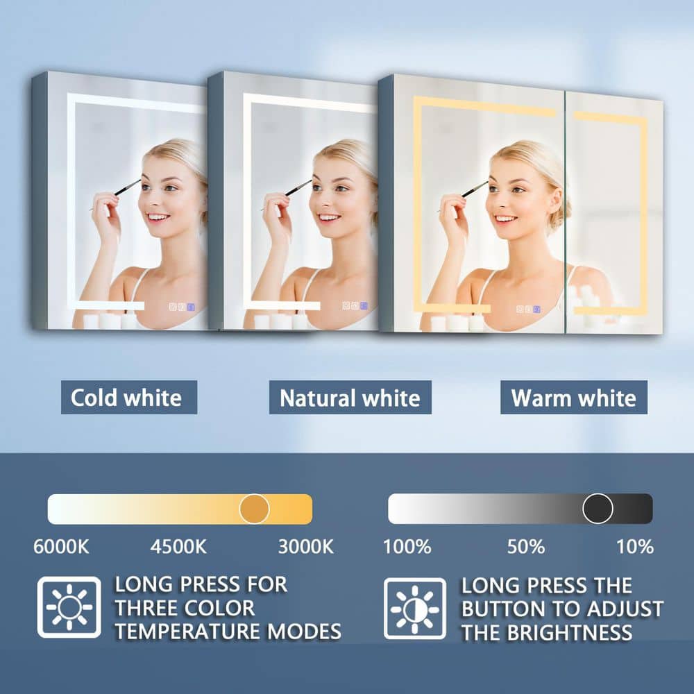 ExBrite 30 in. W x 26 in. H Medium Rectangular Silver Aluminum Recessed/Surface Mount Medicine Cabinet with Mirror and LED