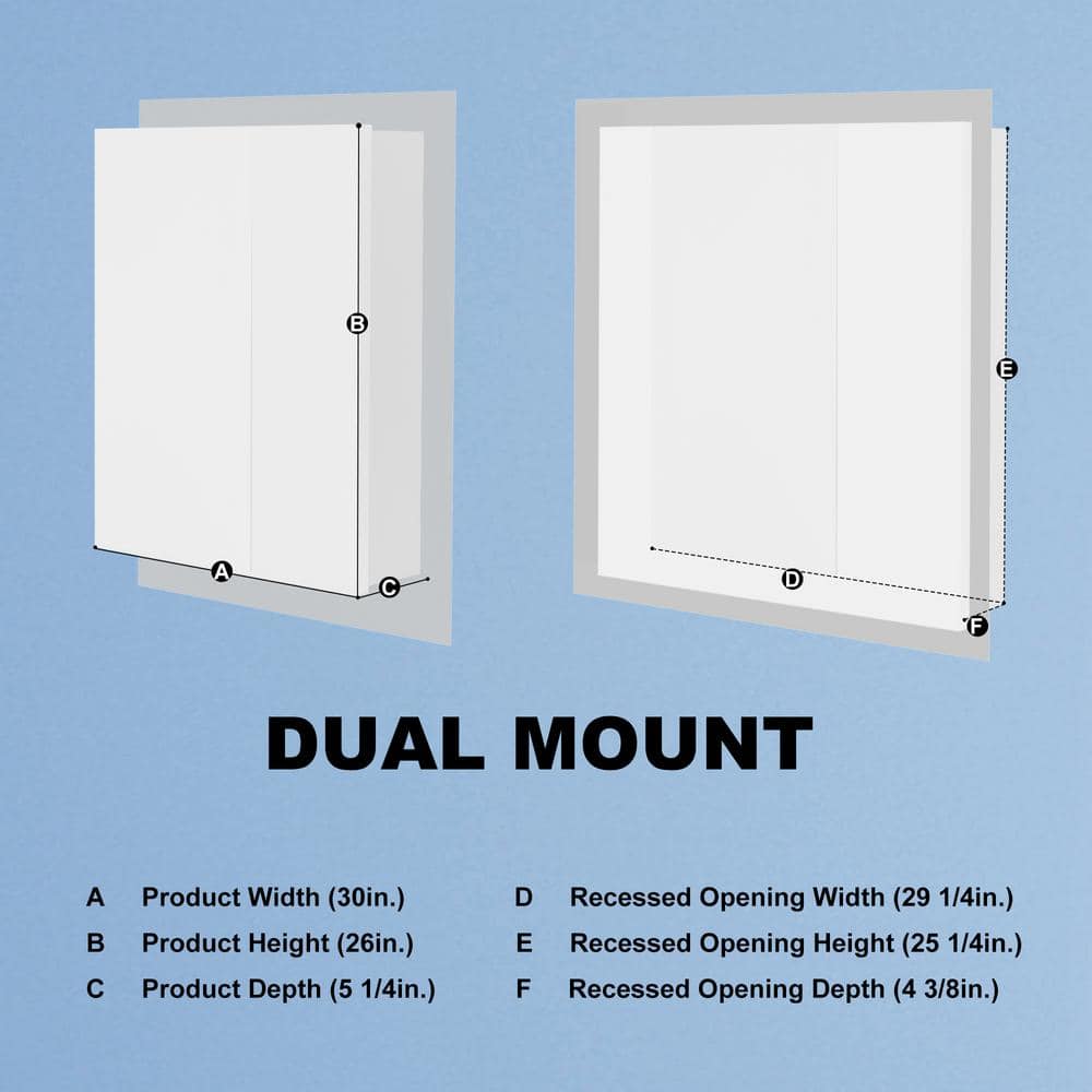 ExBrite 30 in. W x 26 in. H Medium Rectangular Silver Aluminum Recessed/Surface Mount Medicine Cabinet with Mirror and LED