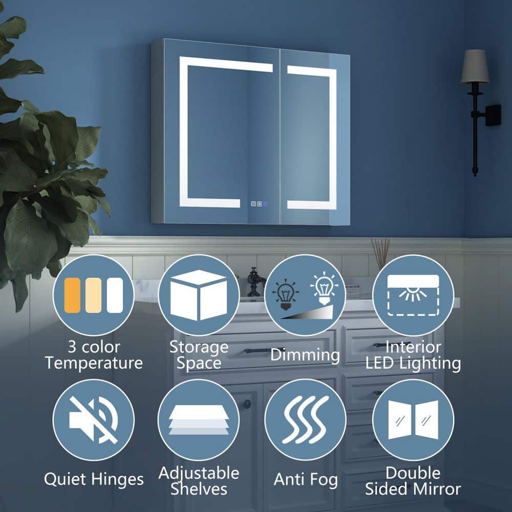 ExBrite 30 in. W x 26 in. H Medium Rectangular Silver Aluminum Recessed/Surface Mount Medicine Cabinet with Mirror and LED