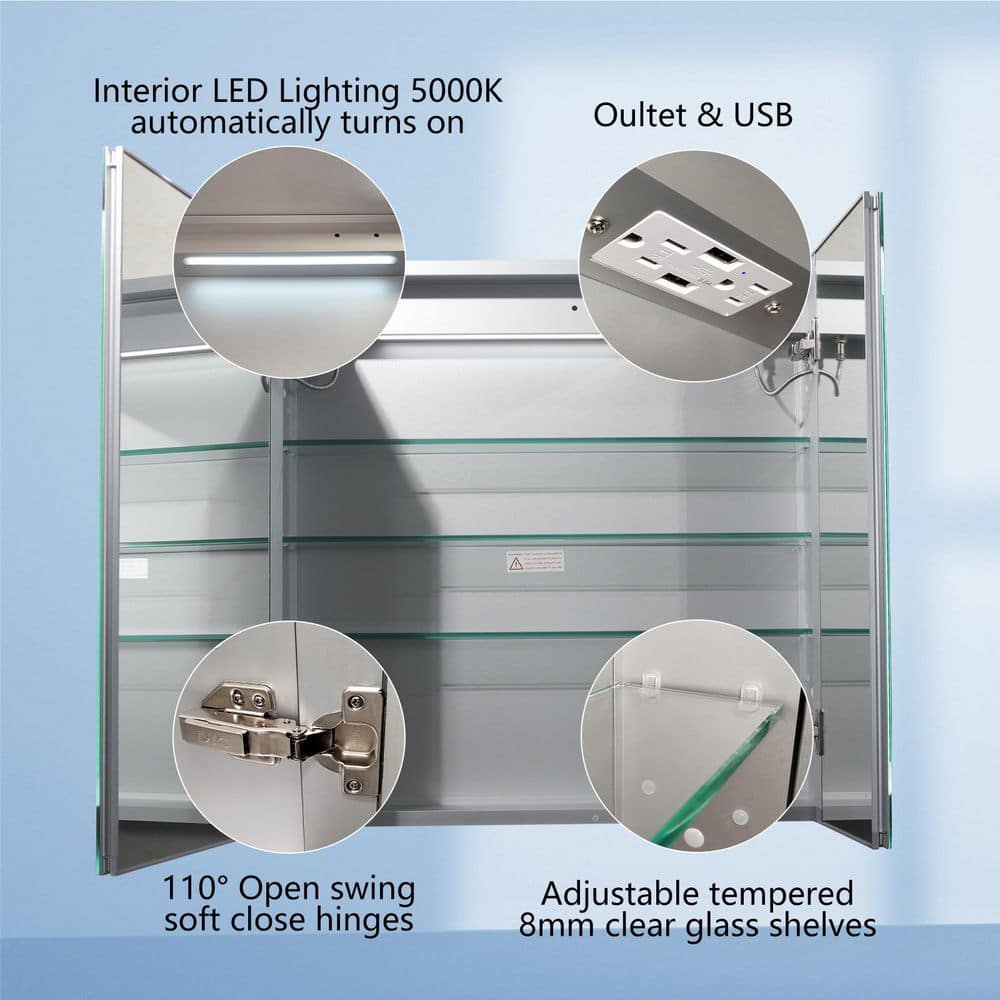ExBrite 30 in. W x 30 in. H Medium Rectangular Silver Aluminum Recessed/Surface Mount Medicine Cabinet with Mirror and LED