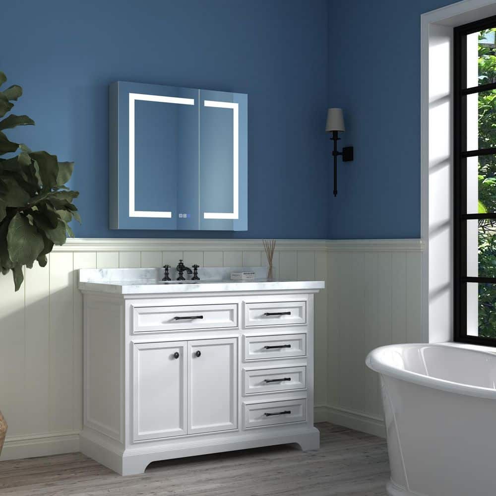 ExBrite 30 in. W x 30 in. H Medium Rectangular Silver Aluminum Recessed/Surface Mount Medicine Cabinet with Mirror and LED
