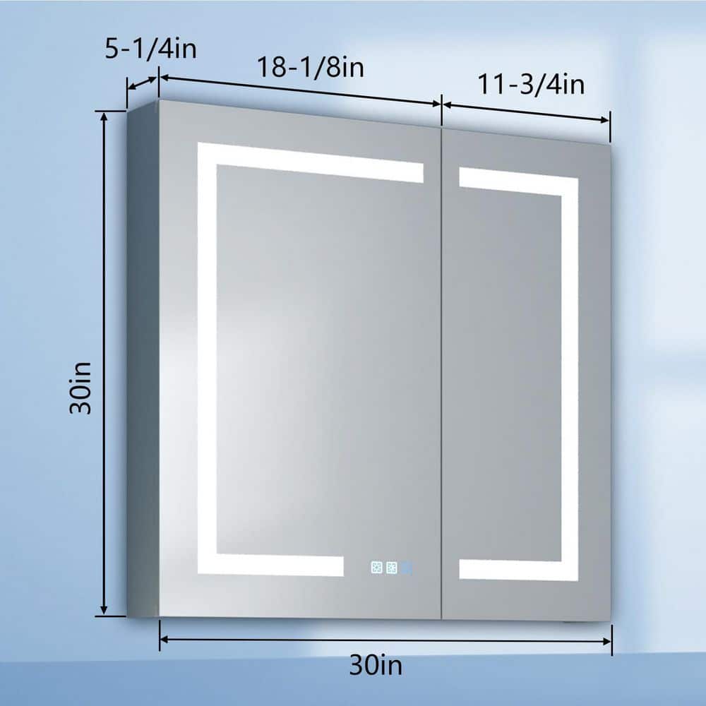 ExBrite 30 in. W x 30 in. H Medium Rectangular Silver Aluminum Recessed/Surface Mount Medicine Cabinet with Mirror and LED