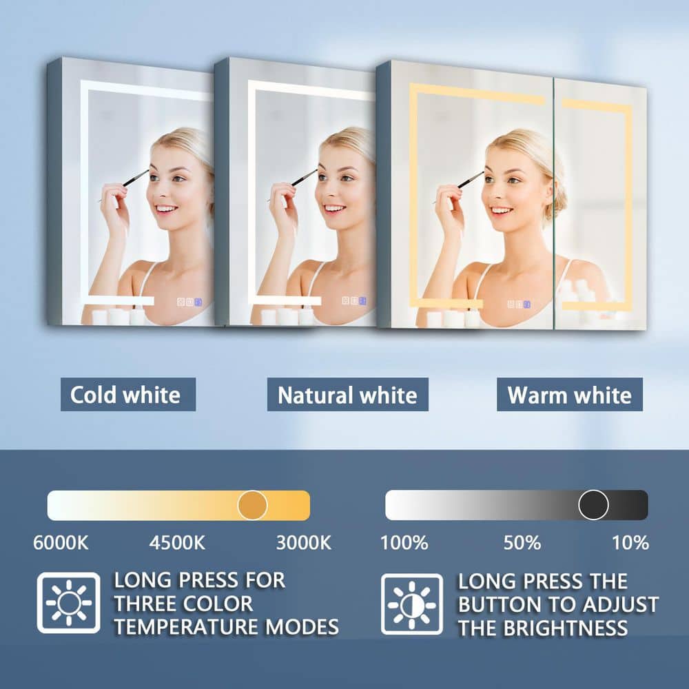 ExBrite 30 in. W x 30 in. H Medium Rectangular Silver Aluminum Recessed/Surface Mount Medicine Cabinet with Mirror and LED