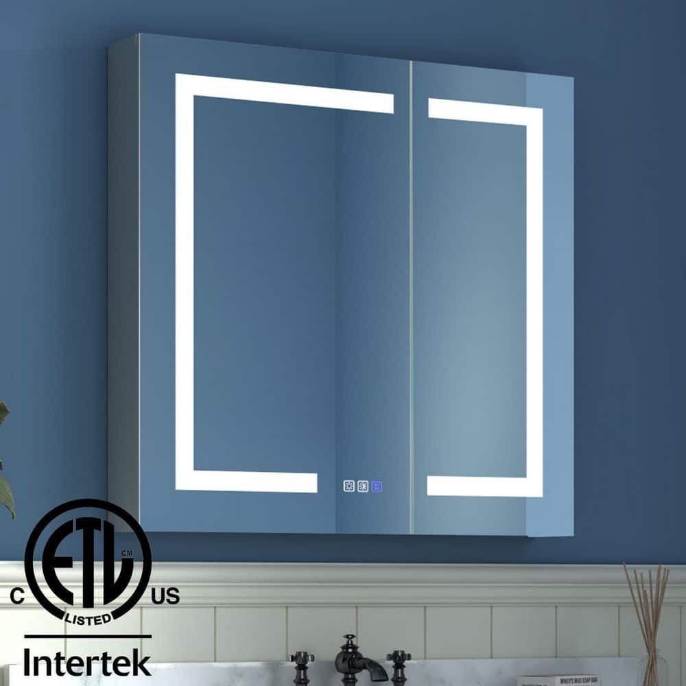 ExBrite 30 in. W x 30 in. H Medium Rectangular Silver Aluminum Recessed/Surface Mount Medicine Cabinet with Mirror and LED