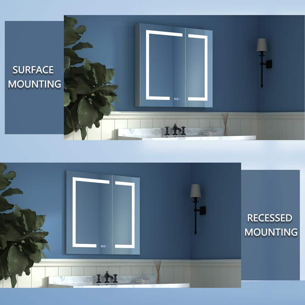 ExBrite 30 in. W x 30 in. H Medium Rectangular Silver Aluminum Recessed/Surface Mount Medicine Cabinet with Mirror and LED