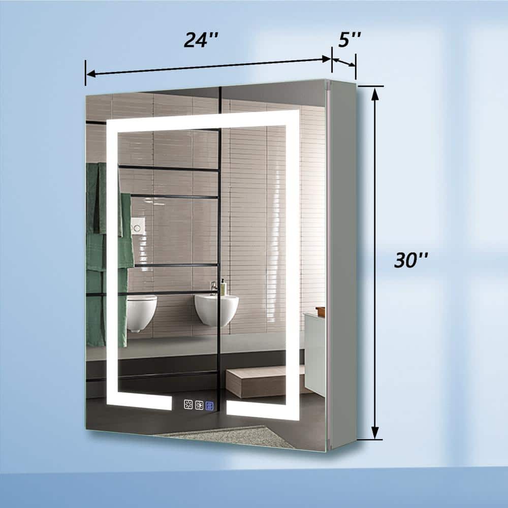 ExBrite 24 in. W x 30 in. H Rectangular Silver Aluminum Recessed/Surface Mount Left Dimmable Medicine Cabinet with Mirror