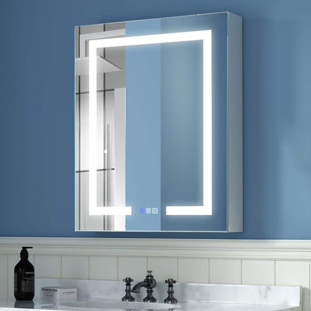 ExBrite 24 in. W x 30 in. H Rectangular Silver Aluminum Recessed/Surface Mount Left Dimmable Medicine Cabinet with Mirror