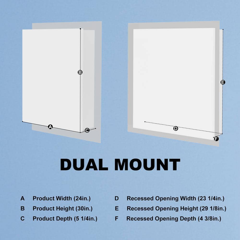 ExBrite 24 in. W x 30 in. H Rectangular Silver Aluminum Recessed/Surface Mount Left Dimmable Medicine Cabinet with Mirror