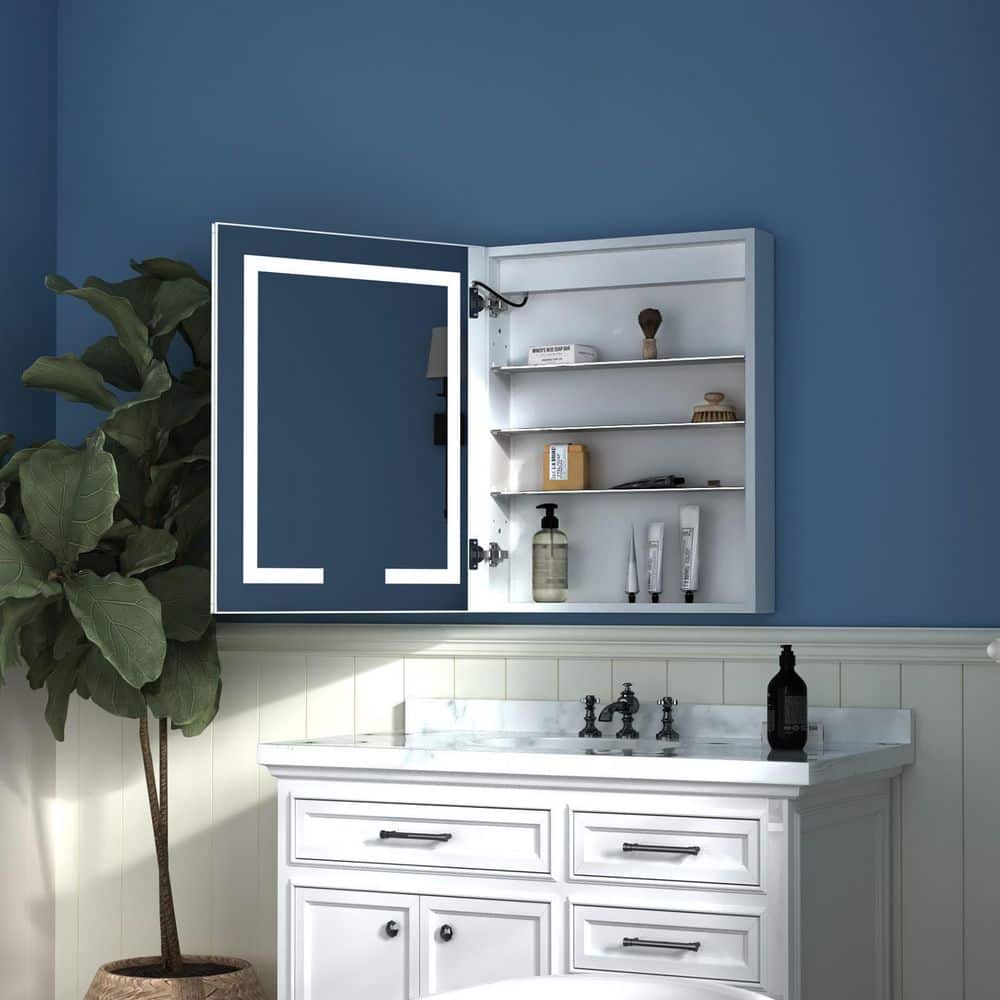 ExBrite 24 in. W x 30 in. H Rectangular Silver Aluminum Recessed/Surface Mount Left Dimmable Medicine Cabinet with Mirror