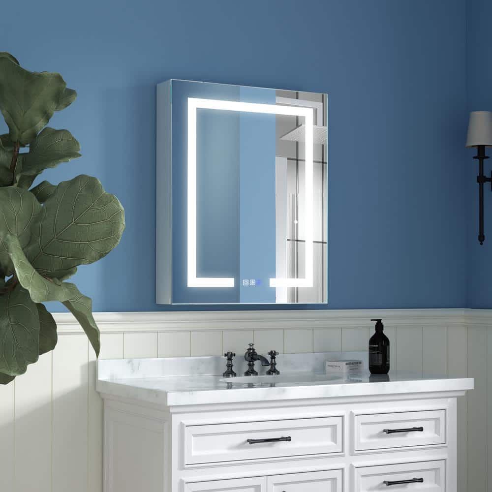 ExBrite 24 in. W x 30 in. H Rectangular Silver Aluminum Recessed/Surface Mount Right Medicine Cabinet with Mirror and LED Light