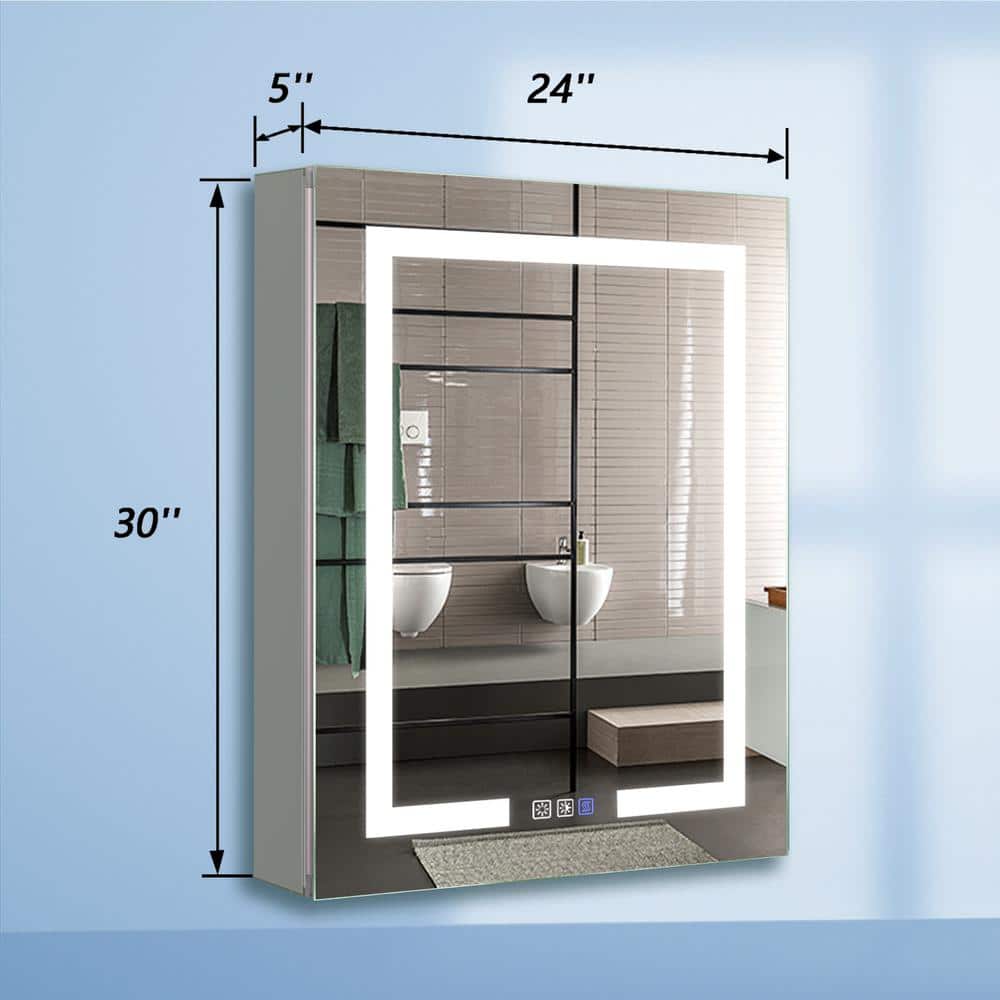 ExBrite 24 in. W x 30 in. H Rectangular Silver Aluminum Recessed/Surface Mount Right Medicine Cabinet with Mirror and LED Light