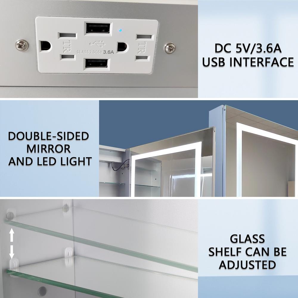ExBrite 24 in. W x 30 in. H Rectangular Silver Aluminum Recessed/Surface Mount Right Medicine Cabinet with Mirror and LED Light