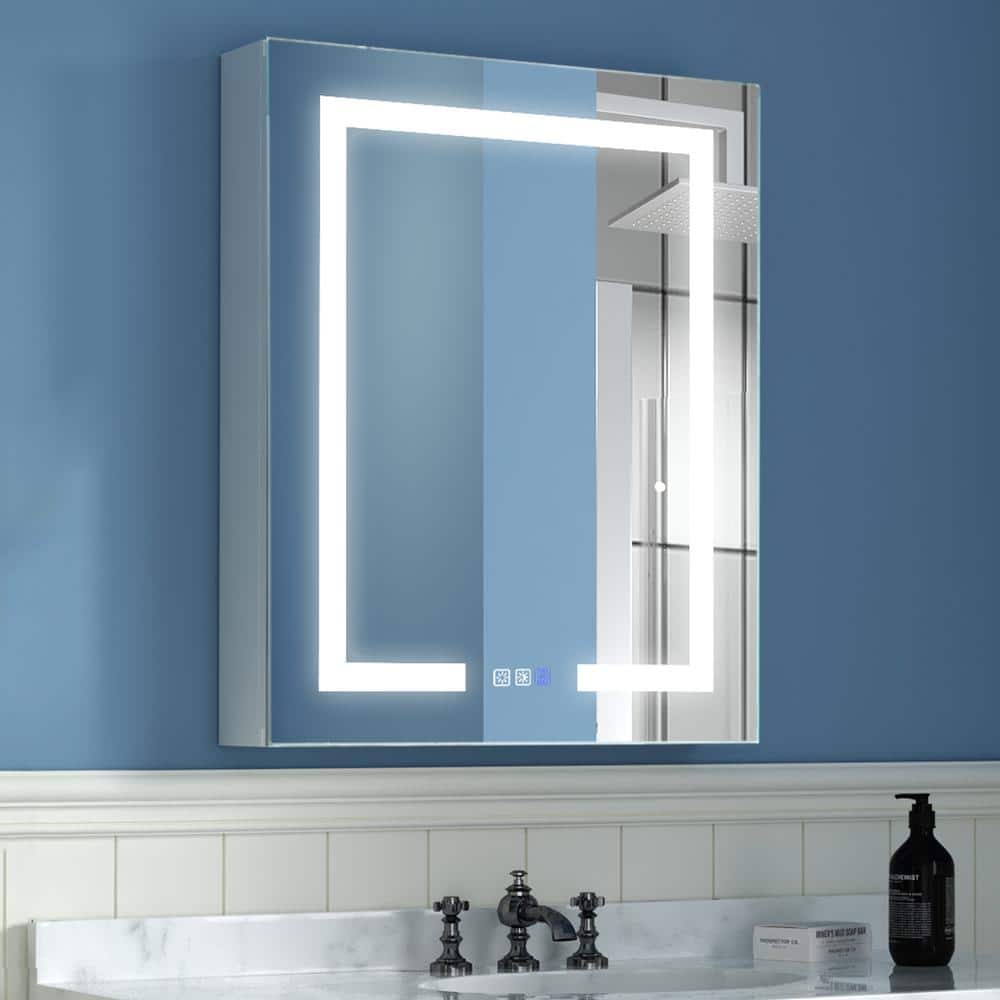 ExBrite 24 in. W x 30 in. H Rectangular Silver Aluminum Recessed/Surface Mount Right Medicine Cabinet with Mirror and LED Light