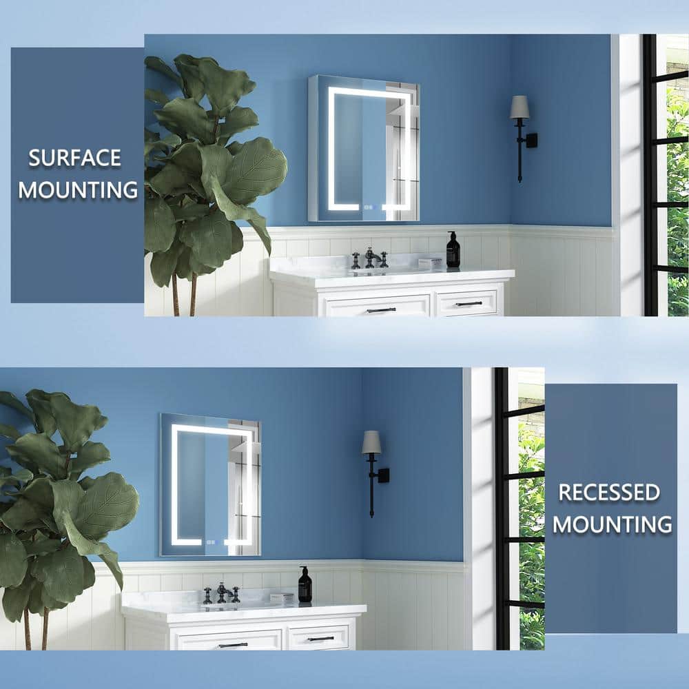 ExBrite 24 in. W x 30 in. H Rectangular Silver Aluminum Recessed/Surface Mount Right Medicine Cabinet with Mirror and LED Light