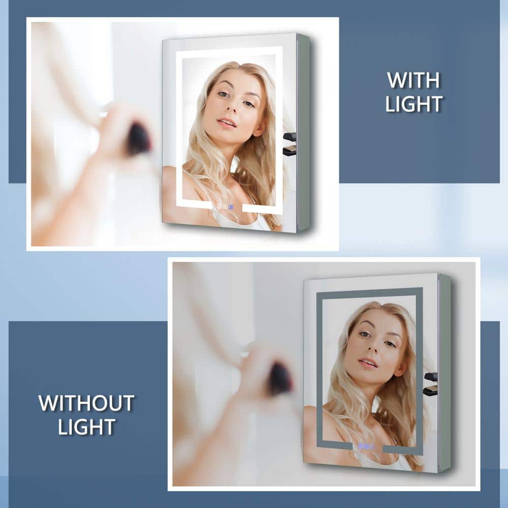 ExBrite 24 in. W x 30 in. H Rectangular Silver Aluminum Recessed/Surface Mount Right Medicine Cabinet with Mirror and LED Light