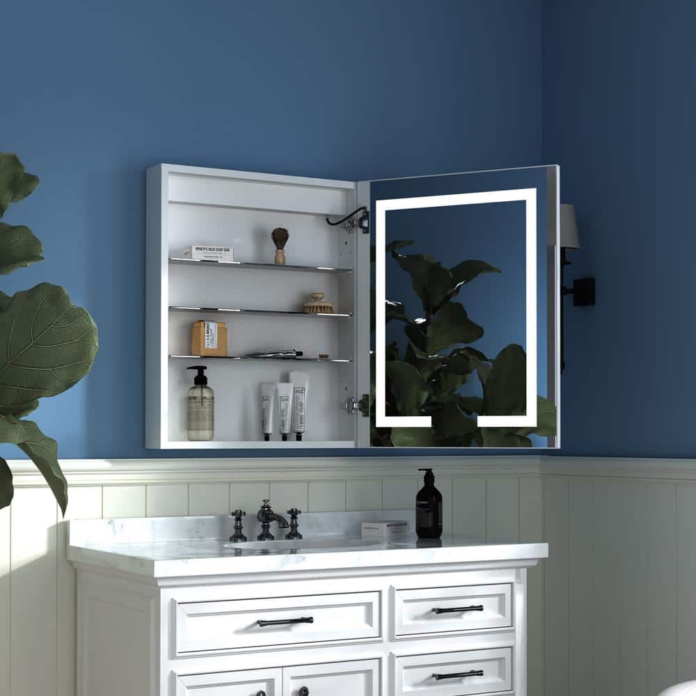 ExBrite 24 in. W x 30 in. H Rectangular Silver Aluminum Recessed/Surface Mount Right Medicine Cabinet with Mirror and LED Light