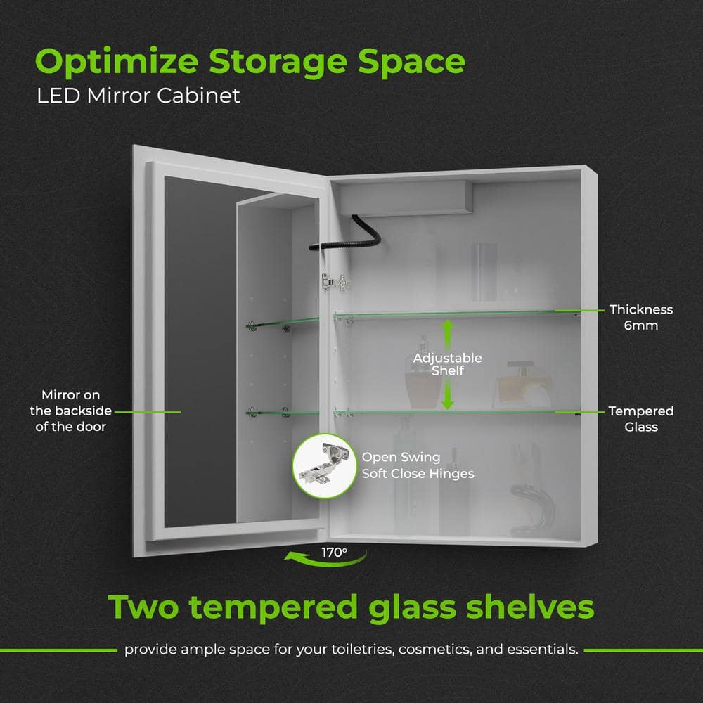 Fab Glass and Mirror 20 in. W x 28 in. H Rectangular Aluminum Medicine Cabinet with Mirror, 2 Glass Shelves, Recessed/Surface