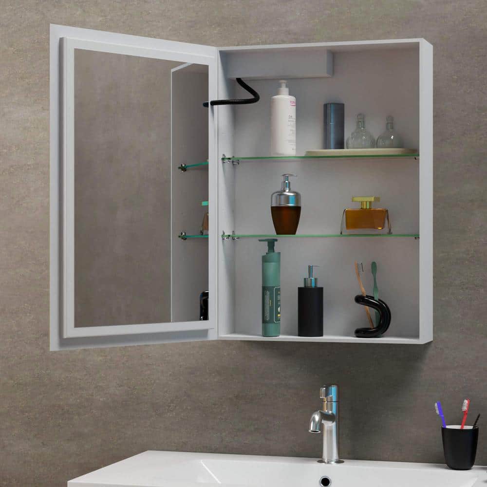 Fab Glass and Mirror 20 in. W x 28 in. H Rectangular Aluminum Medicine Cabinet with Mirror, 2 Glass Shelves, Recessed/Surface