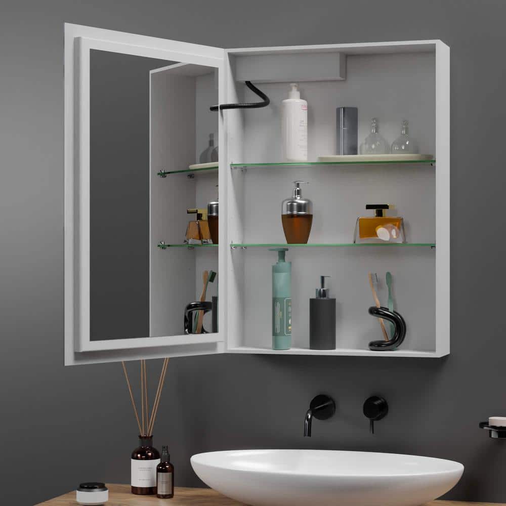 Fab Glass and Mirror 20 in. W x 28 in. H Rectangular Aluminum Medicine Cabinet with Mirror, 2 Glass Shelves, Recessed/Surface