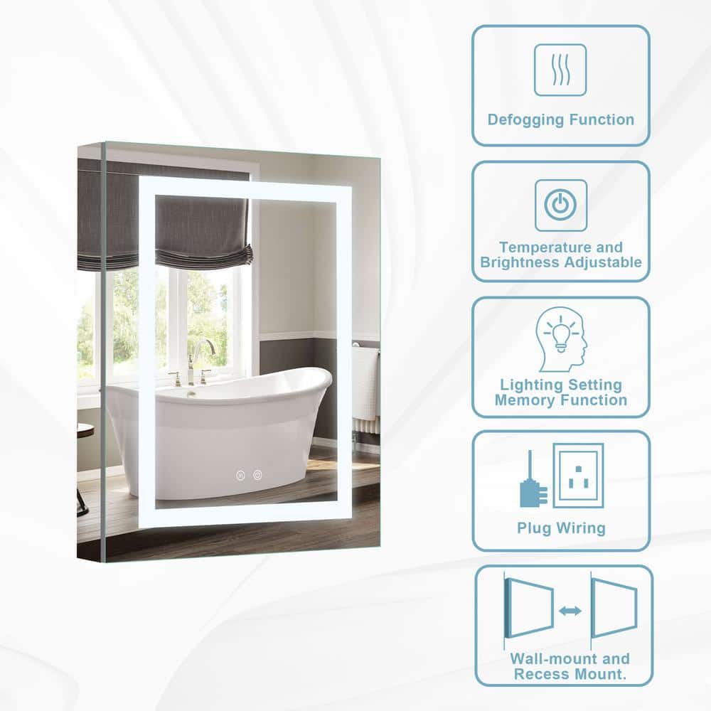 FORCLOVER 24 in. W x 30 in. H Rectangular Silver Aluminum Recessed/Surface Mount Medicine Cabinet with Mirror and Dimmable