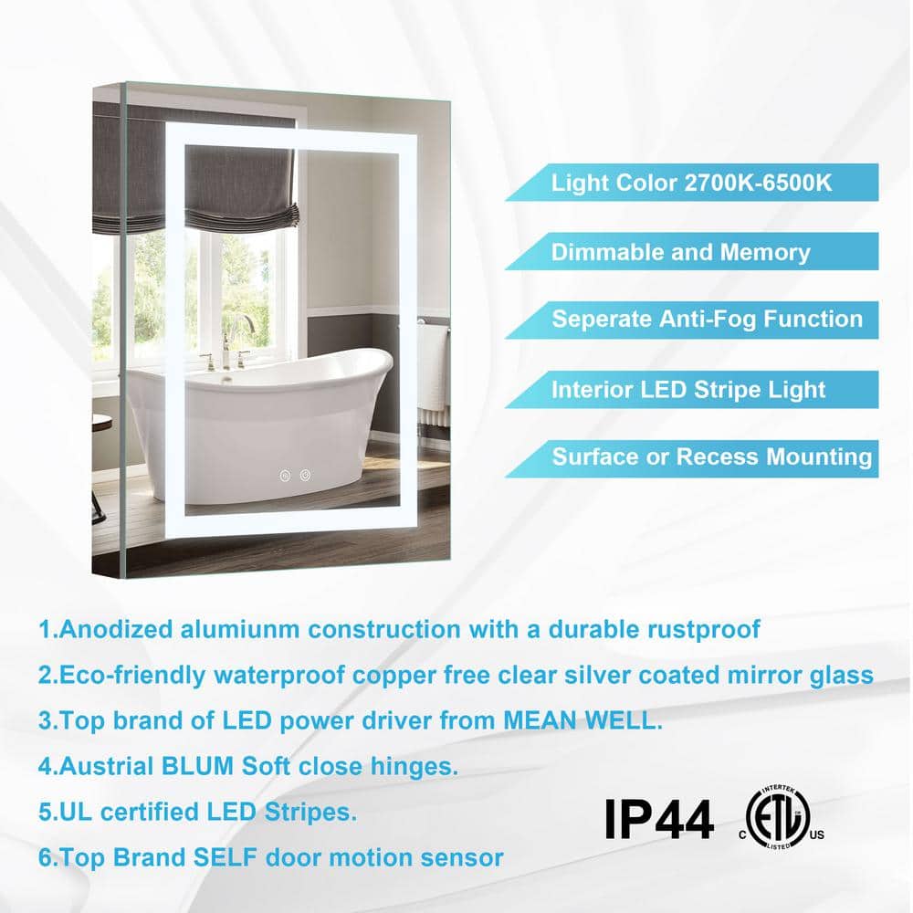 FORCLOVER 24 in. W x 30 in. H Rectangular Silver Aluminum Recessed/Surface Mount Medicine Cabinet with Mirror and Dimmable