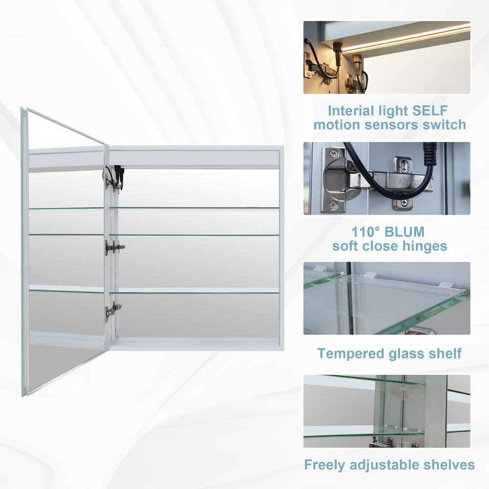 FORCLOVER 24 in. W x 30 in. H Rectangular Silver Aluminum Recessed/Surface Mount Medicine Cabinet with Mirror and Dimmable
