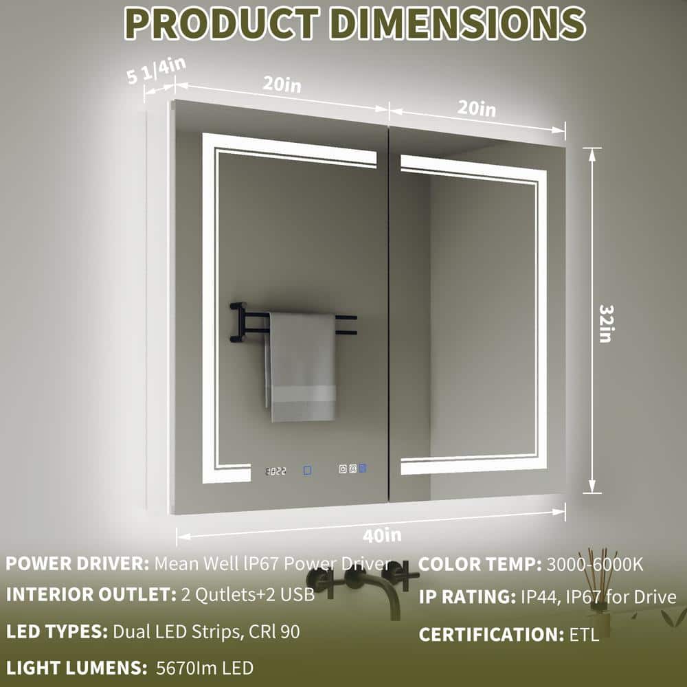 GroGro Delux2 40 in. W x 32 in. H Rectangular Recessed/Surface Mount Medicine Cabinet with Mirror, Backlit and Front Light