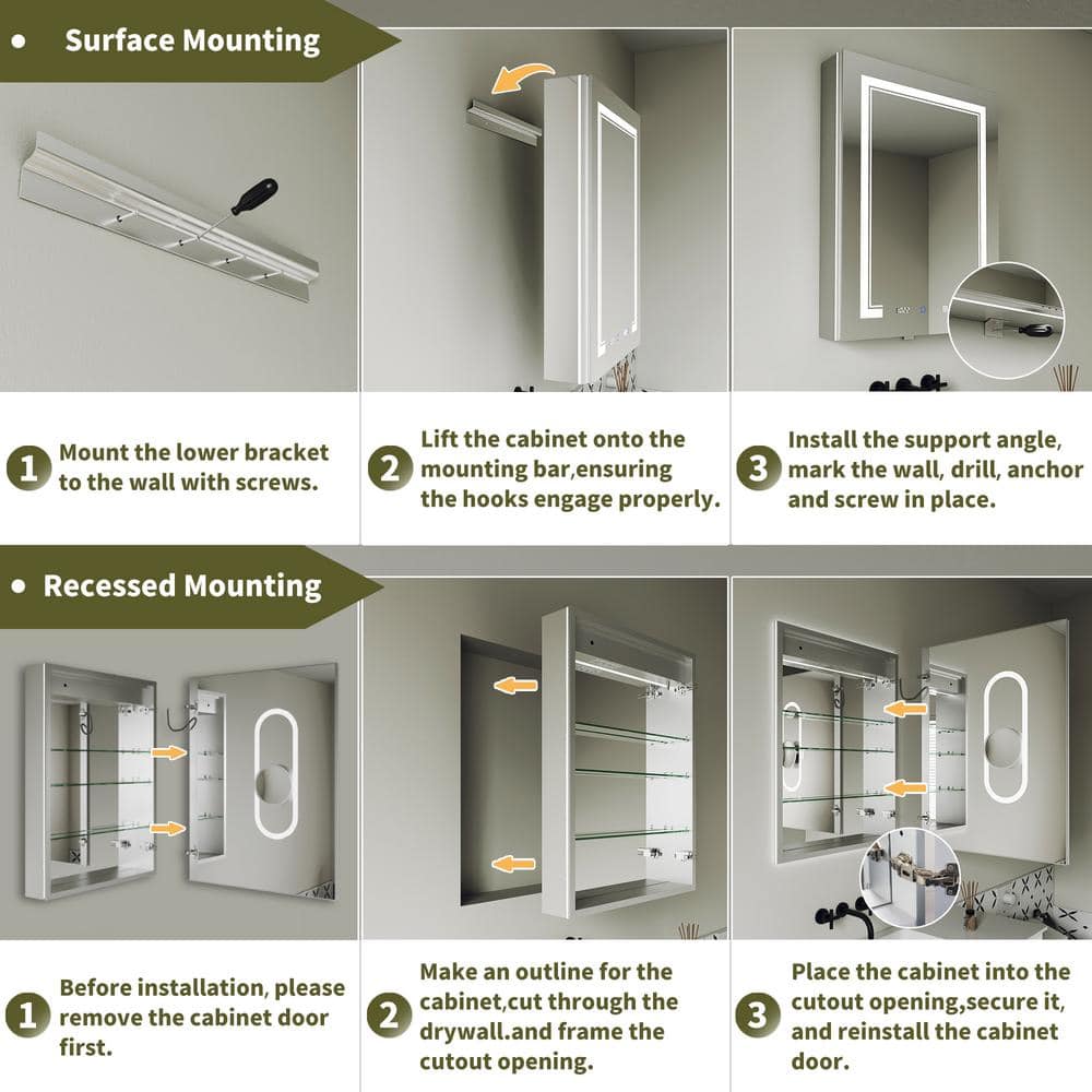 GroGro Delux2 40 in. W x 32 in. H Rectangular Recessed/Surface Mount Medicine Cabinet with Mirror, Backlit and Front Light