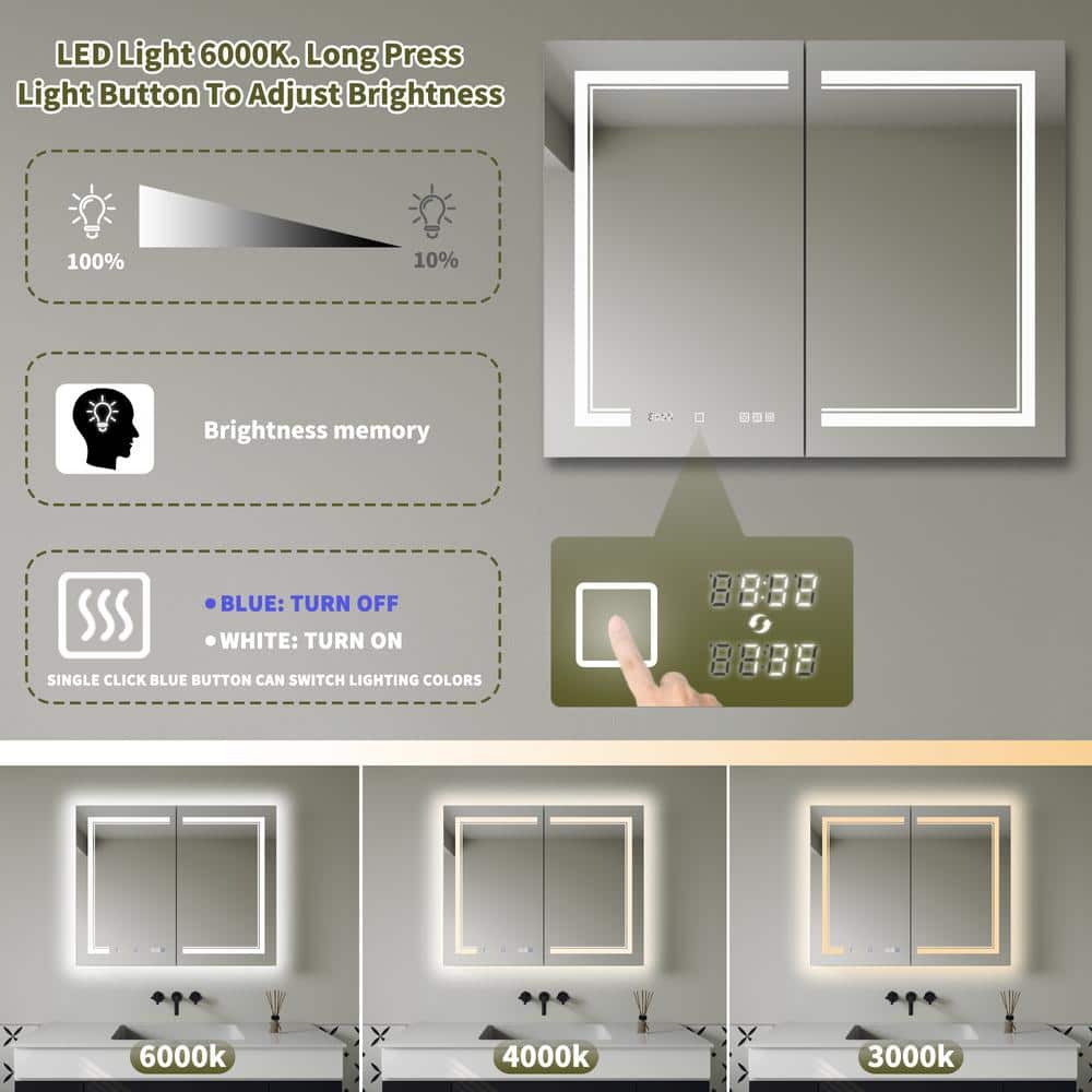 GroGro Delux2 40 in. W x 32 in. H Rectangular Recessed/Surface Mount Medicine Cabinet with Mirror, Backlit and Front Light
