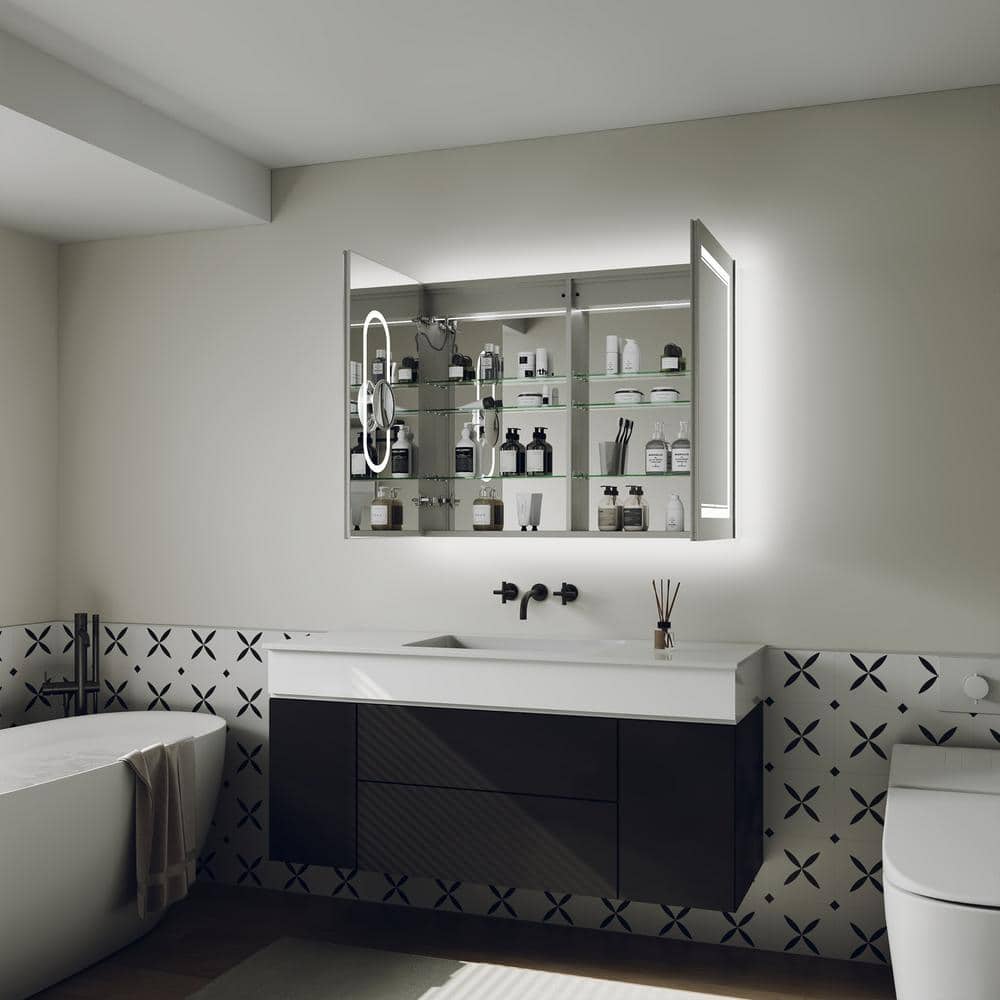 GroGro Delux2 40 in. W x 32 in. H Rectangular Recessed/Surface Mount Medicine Cabinet with Mirror, Backlit and Front Light