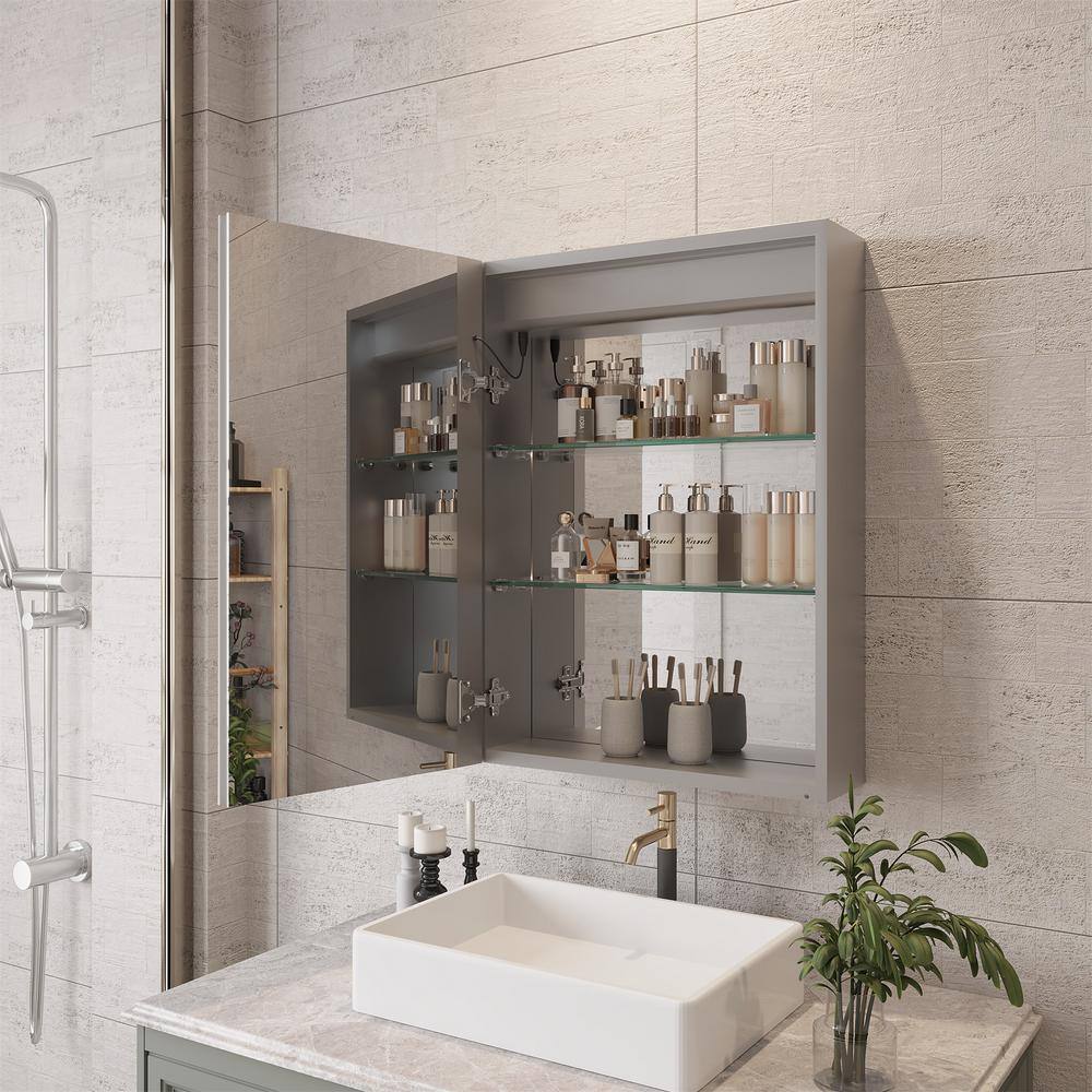 HMMHVV 20 in. W x 28 in. H Rectangular Aluminum Left Surface Mount Smart LED Lighted Wall Bathroom Medicine Cabinet with Mirror