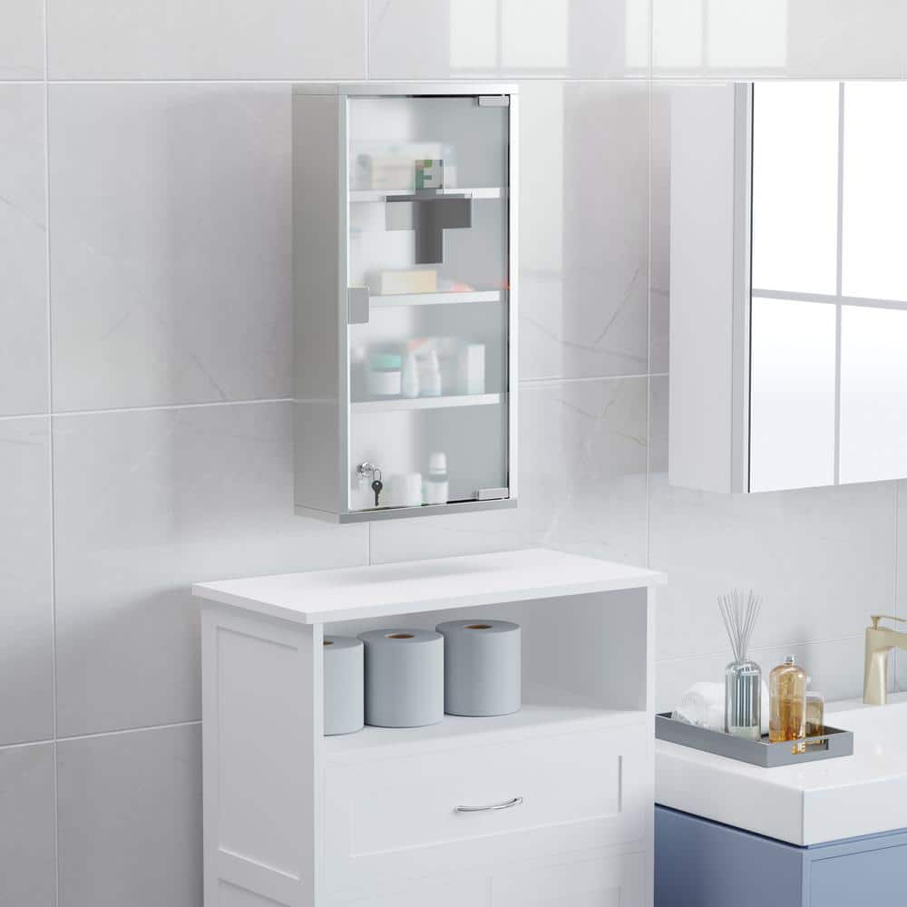HOMCOM 11.75 in. W x 23.5 in. H Medium Rectangular Silver Stainless Steel Surface Mount Medicine Cabinet Without Mirror