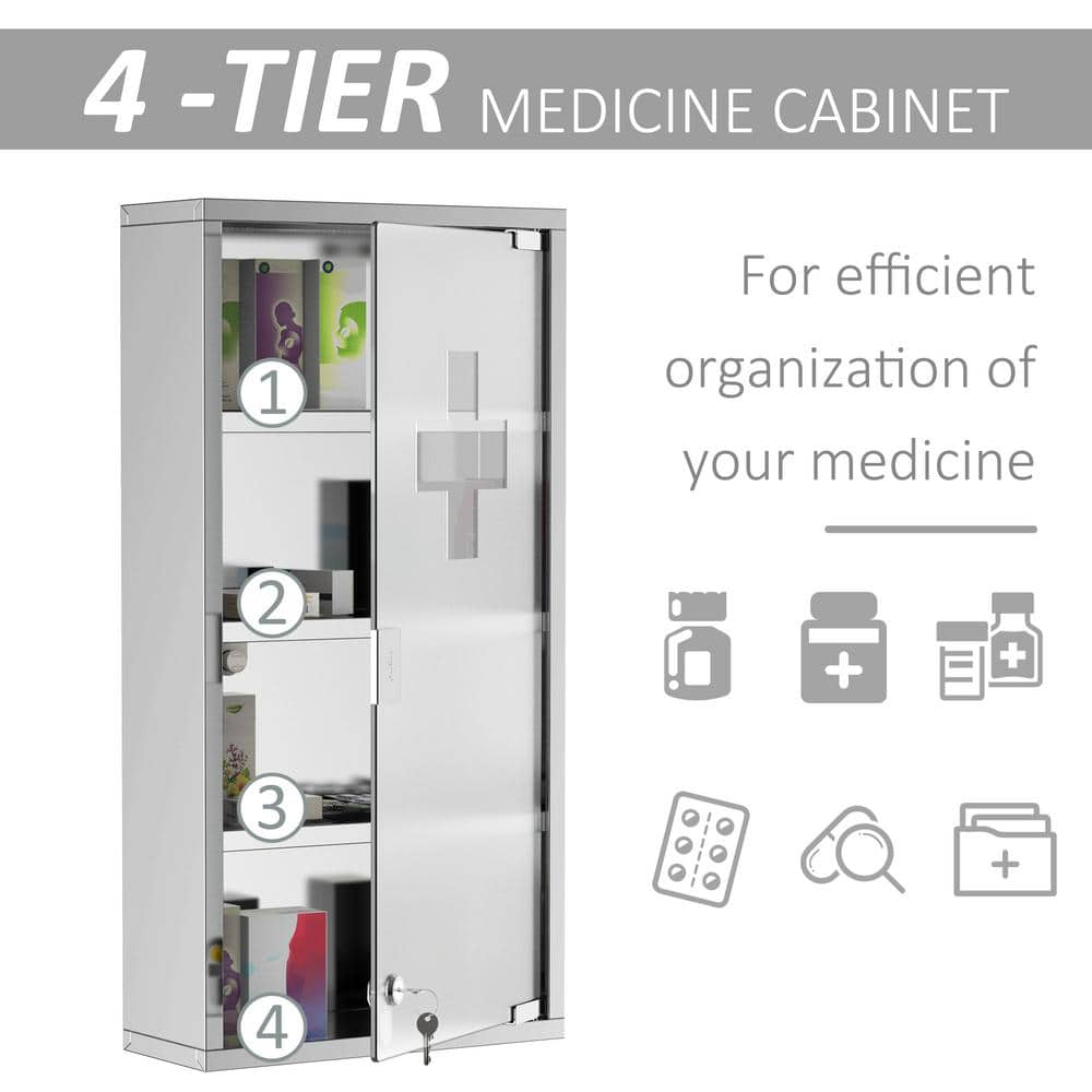 HOMCOM 11.75 in. W x 23.5 in. H Medium Rectangular Silver Stainless Steel Surface Mount Medicine Cabinet Without Mirror