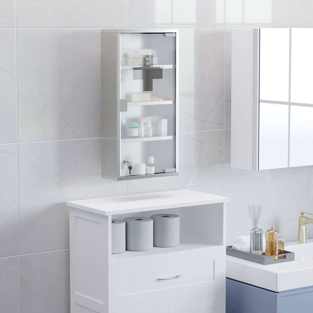 HOMCOM 11.75 in. W x 23.5 in. H Medium Rectangular Silver Stainless Steel Surface Mount Medicine Cabinet Without Mirror