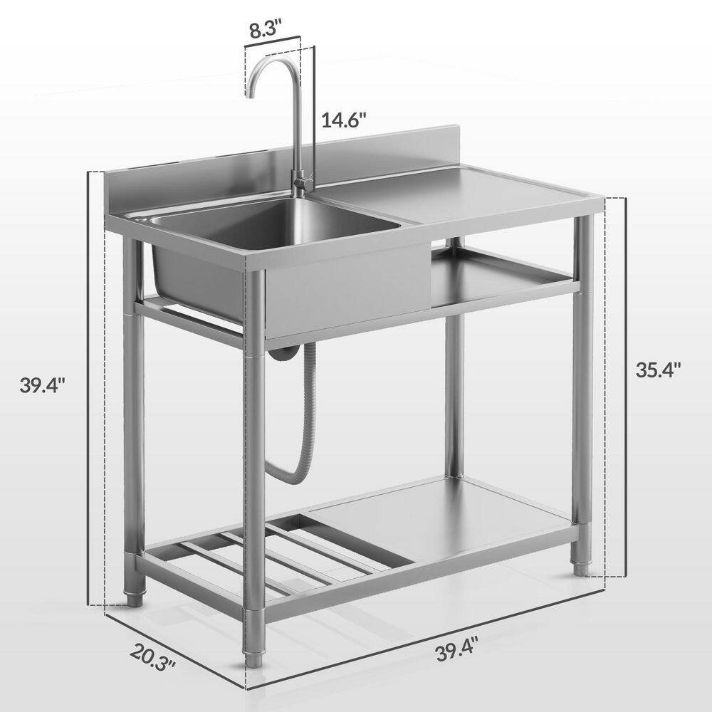 HOMEIBRO 39 in. Freestanding Laundry Utility Sink Stainless Steel with Left Bowl