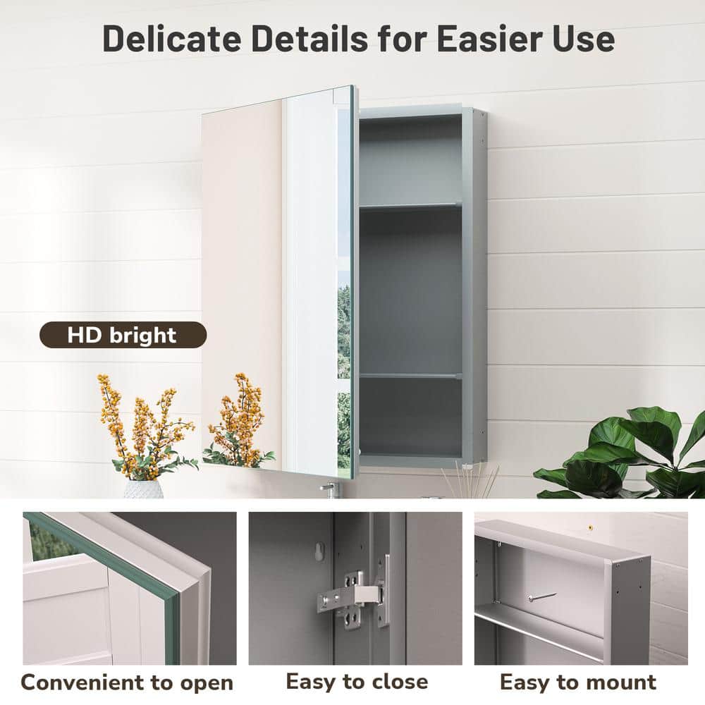 KeonJinn 14 in. W x 18 in. H Rectangular Frameless Aluminum Silver Medicine Cabinet with Mirror