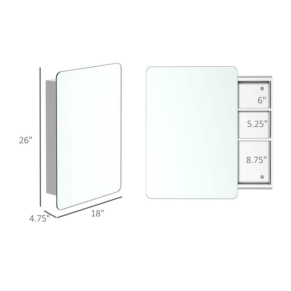 kleankin 18 in. W x 26 in. H Bathroom Silver Recessed/Surface Mount Medicine Cabinet with Mirror, Storage Shelf, Stainless Steel