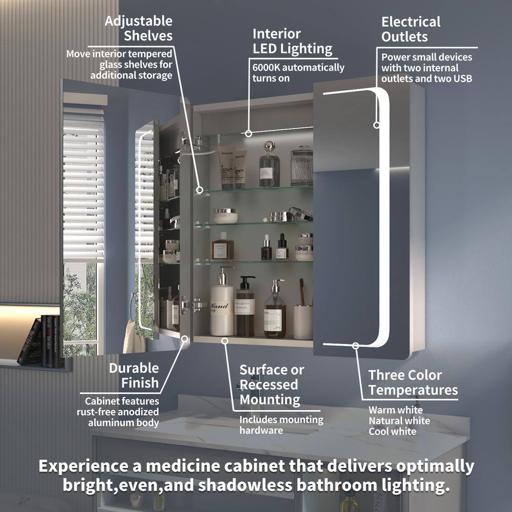 Lonni 30 in. W x 32 in. H Rectangular Silver Aluminum Recessed/Surface Mount Lighted Medicine Cabinet with Mirror And Dimming