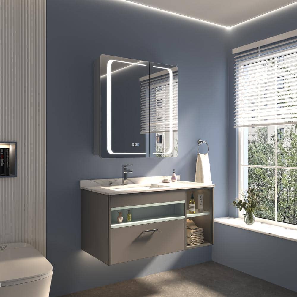 Lonni 30 in. W x 32 in. H Rectangular Silver Aluminum Recessed/Surface Mount Lighted Medicine Cabinet with Mirror And Dimming