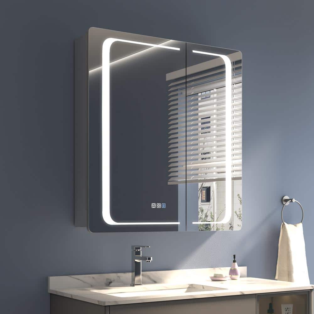 Lonni 30 in. W x 32 in. H Rectangular Silver Aluminum Recessed/Surface Mount Lighted Medicine Cabinet with Mirror And Dimming