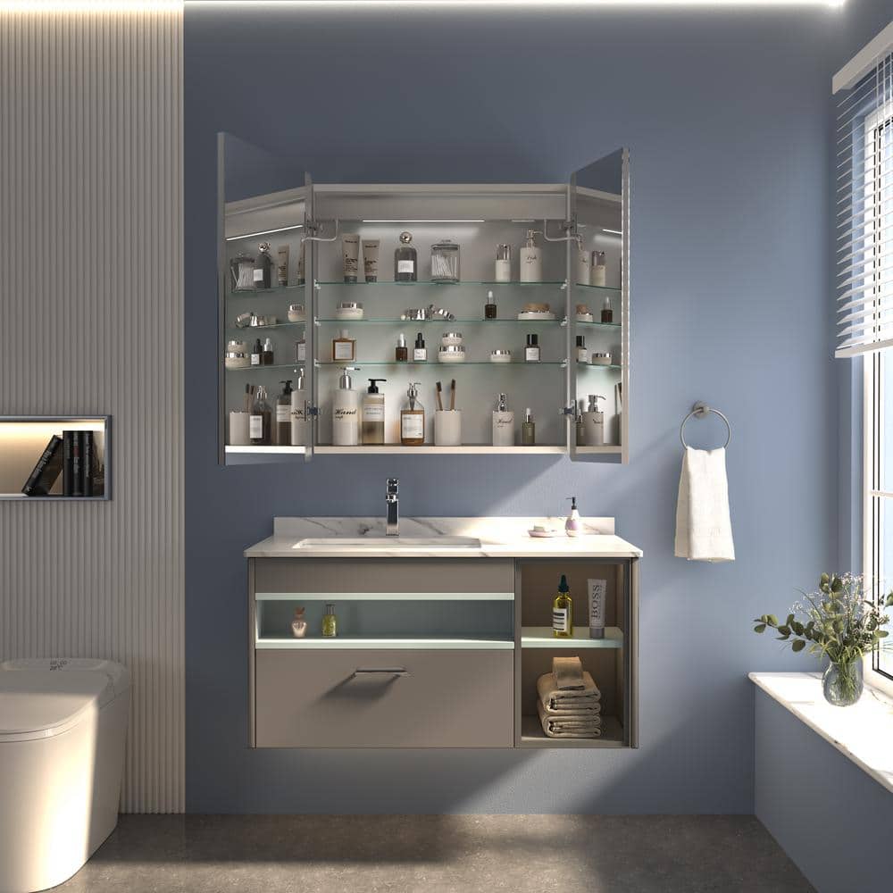 Lonni 30 in. W x 32 in. H Rectangular Silver Aluminum Recessed/Surface Mount Lighted Medicine Cabinet with Mirror And Dimming