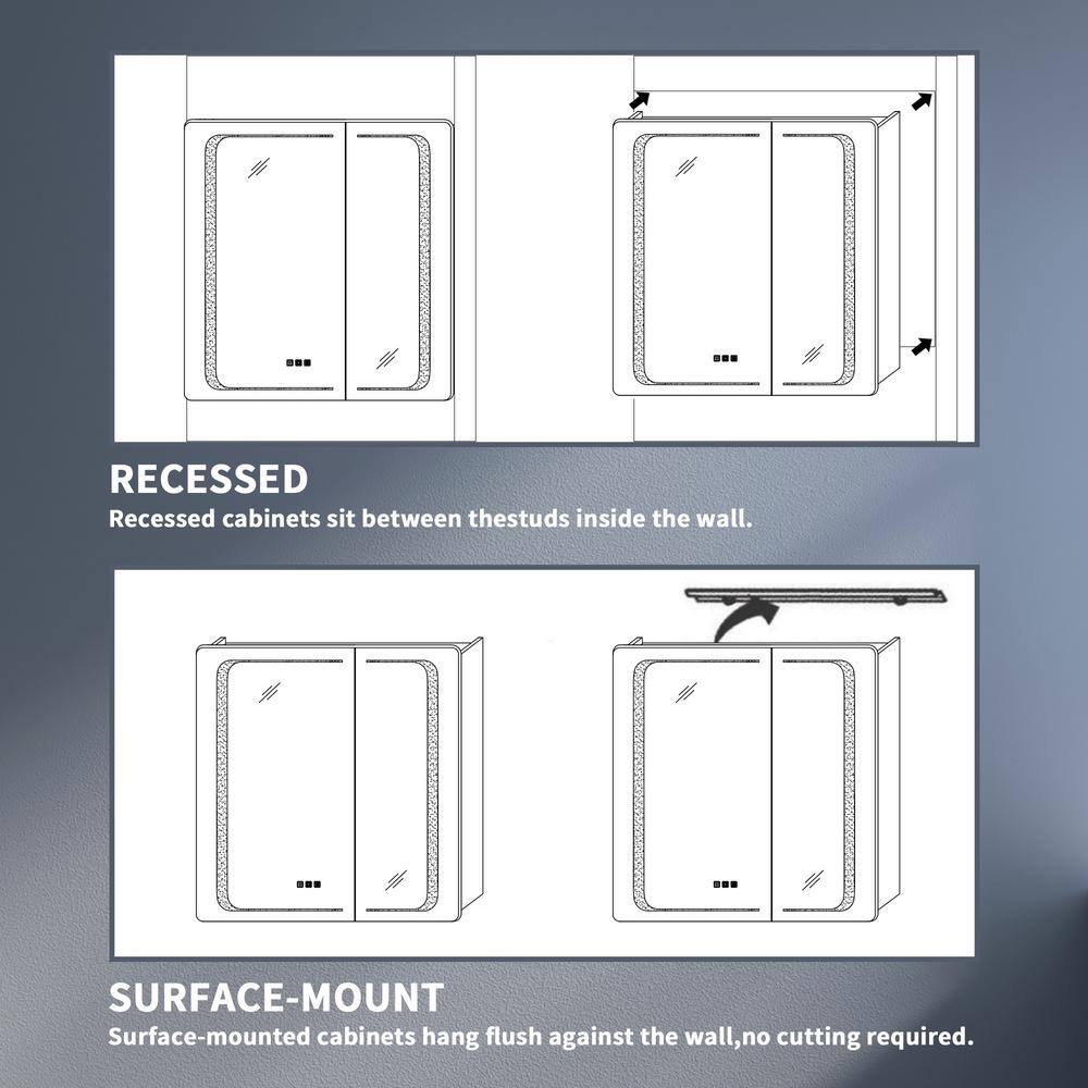 Lonni 30 in. W x 32 in. H Rectangular Silver Aluminum Recessed/Surface Mount Lighted Medicine Cabinet with Mirror And Dimming